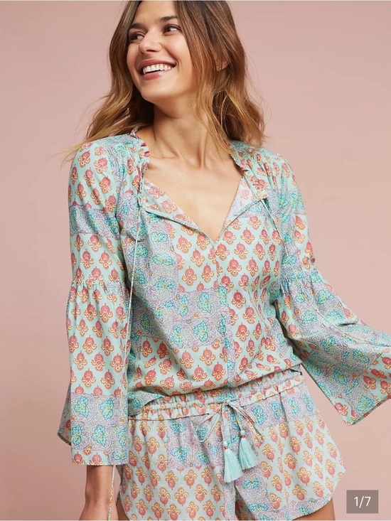 Anthropologie Tops - Lilka by Anthropologie Light Aqua Paisley Print Peasant Blouse + Shorts